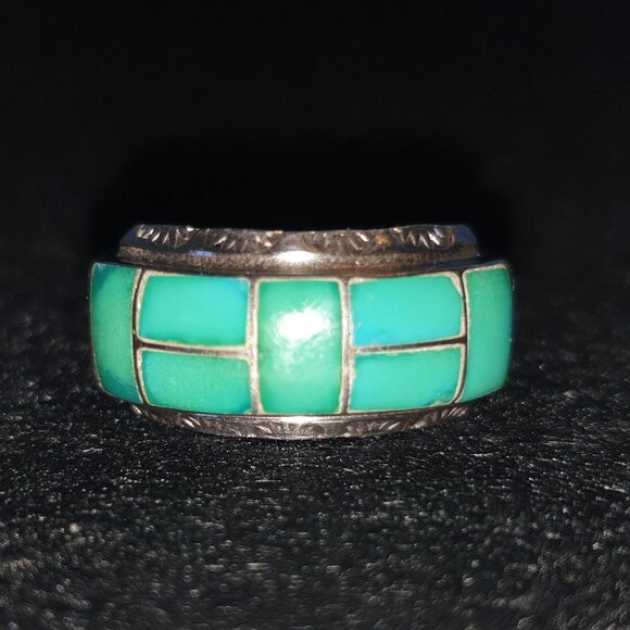 Stunning Vintage Native American Navajo Genuine Turquoise Inlaid Sterling Ring - Picture 10 of 14